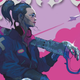 Cinder, the main character of Marissa Meyer's Cinder, holding a weapon and looking off into the distance.
